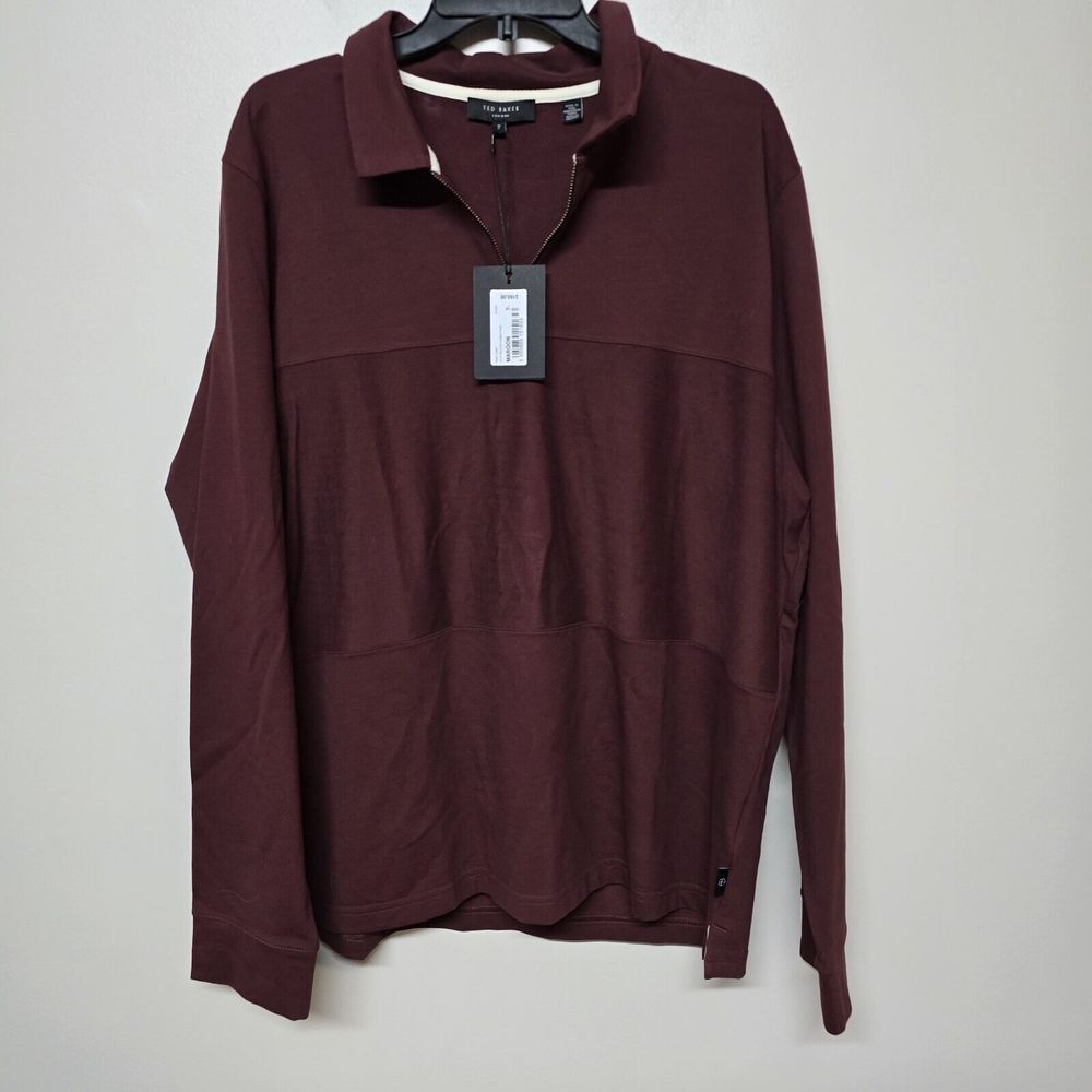 Ted Baker London Mens MMB-LYDNEY Maroon 1/4 Zip Long Sleeve‎ Collared Top Size 7